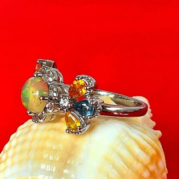 Natural Fire Opal 6mm, Sapphire, Topaz 925 Sterling Silver Jewelry Ring Sz 6.75 - Picture 3 of 7